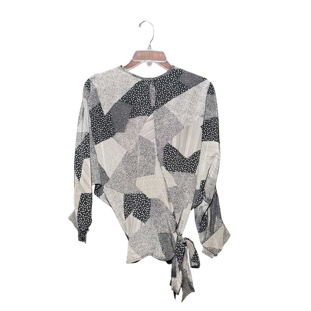 Victoria March Womens Small Black White Patchwork Floral Wrap Side Tie Blouse